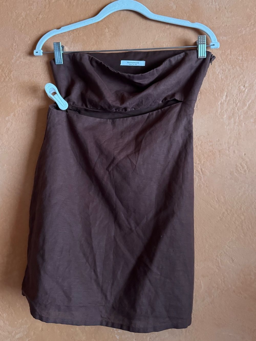 PepperMayo Chocolate Brown Linen Blend Strapless Cutout Mini Dress US 4